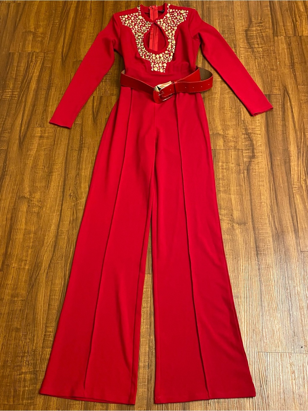 New Ladies Embellished Gold Studded Long-Sleeve Wide-Leg Jumpsuit